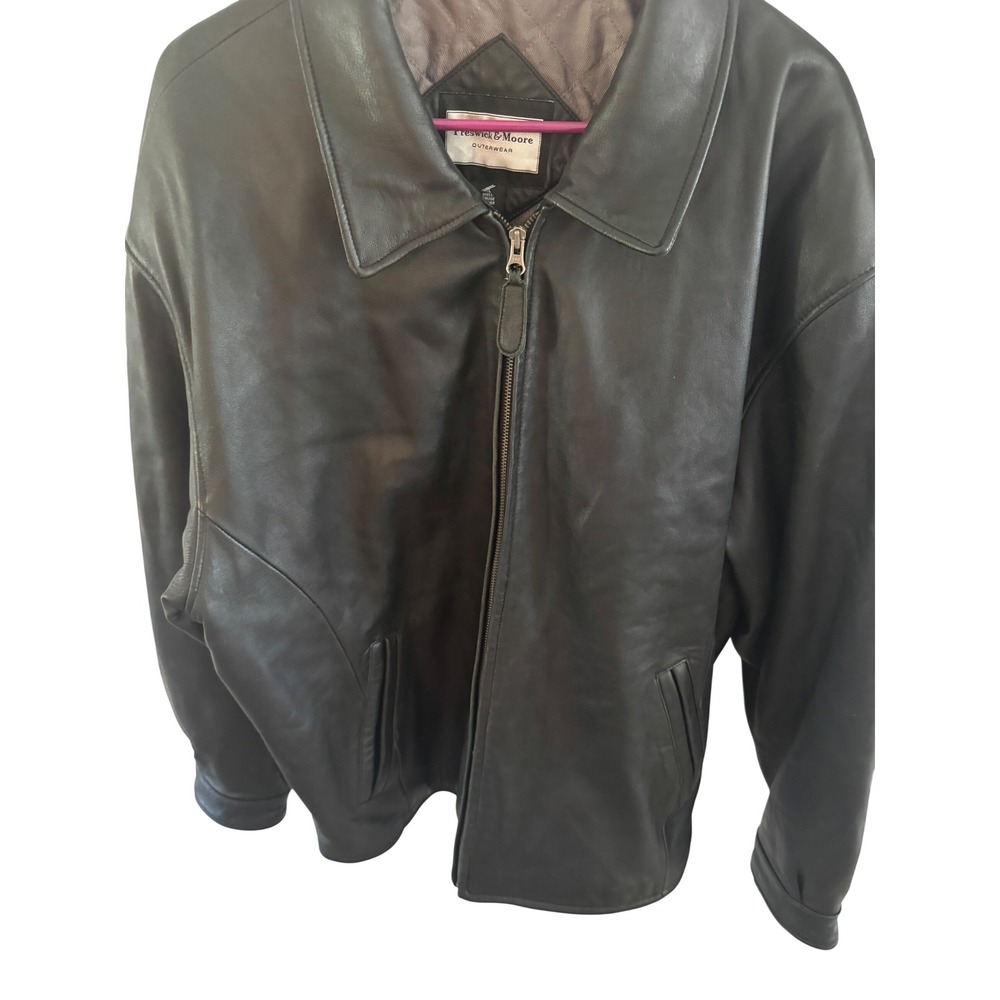 Y2K Preswick & Moore Mens Black Genuine Leather Full Zip Bomber Jacket XL